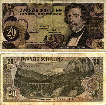 АВСТРИЯ 20 ШИЛЛИНГОВ 1967 (1968) 2 ИЮЛЯ 1967, КАРЛ РИТЕР фон ГЕГА Pick 142а бумага 8606-56-3-2