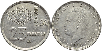 Испания 25 песет 1980 (80) чемпионат мира по футболу в Испании 1982 года, Хуан Карлос I (1975-) KM 818 медно-никель 4394-1235