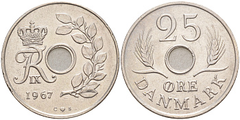 ДАНИЯ 25 ЭРЕ 1967 С; S, ФРЕДЕРИК IX (1947-1972) KM 855.1 медно-никель 106-232