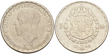 Швеция 1 крона 1948 TS, Густав V (1907-1950) KM 814 серебро 4589-851