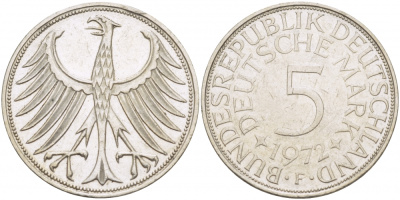 ФРГ 5 МАРОК 1972 F, J. 387, KM 112.1 серебро 3457-324