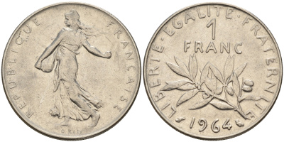 Франция 1 франк 1964 сеятель KM 925.1, Le Franc 226.8 никель      4603-117