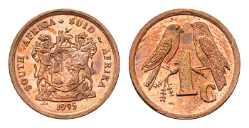 ЮАР 1 цент 1995 герб, капские воробьи KM 132 сталь плакированная медью UNC 4694-133