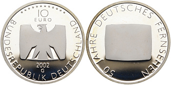ФРГ 10 евро 2002 G, 50 лет немецкому телевидению KM 219, DE.S. 10.5 серебро PROOF 02-070-16