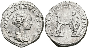 Римская Империя денарий 202 - 205 Плавтилла, жена Каракаллы CONCORDIAE AETERNAE император держит РУКУ императрицы Рим Good Very fine RIC 361 серебро 00-00-00