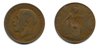 Великобритания 1 пенни 1921 Георг V (1910-1936) KM 810, Spink 4051 бронза 47-531