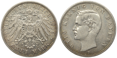 Бавария 2 марки 1906 D, Отто (1886-1913) Weege 44, J. 45, KM 511 серебро 00-000-00