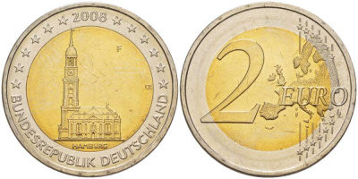 ФРГ 2 евро 2008 F, серия федеральные земли, церковь Св. Михаила в Гамбурге KM 261 биметалл UNC 4517-741