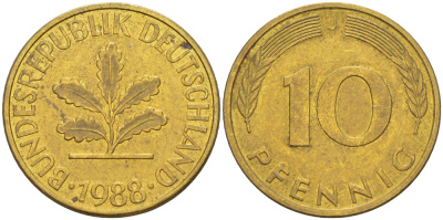 ФРГ 10 ПФЕННИГОВ 1988 J KM 108, J. 383 сталь плакированная латунью 4182-946