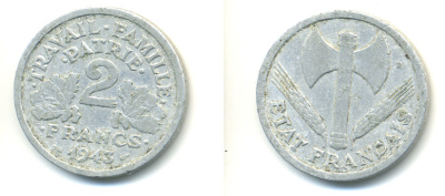 Франция 2 франка 1943 правительство Виши KM 904.1 алюминий 83-523