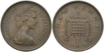 Великобритания 1 пенни 1974 Елизавета II (1952-2022) KM 915, Spink 4237 (B1) бронза 4396-1154