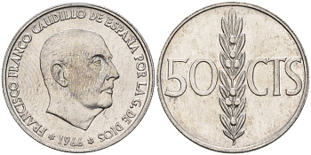 Испания 50 сентимо 1966 (67) Франсиско Франко (1939-1975) KM 795 алюминий 4398-1041