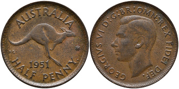 Австралия 1/2 пенни 1951 p, Георг VI (1936-1952), кенгуру, с точкой KM 42 бронза 86-1636