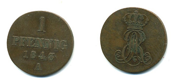 Ганновер 1 пфенниг 1843 A, Эрнст Август (1837-1851) KM 173.1, AKS 126, J. 54 медь 35-167