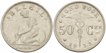 БЕЛЬГИЯ 50 САНТИМОВ 1932 BELGIE KM 88 никель 261-615