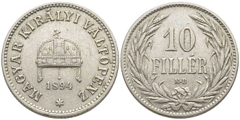 Венгрия 10 филлеров 1894 KB, Франц Иосиф I (1848-1916) KM 482 никель 112-512