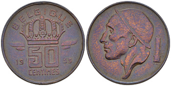 БЕЛЬГИЯ 50 САНТИМОВ 1953 BELGIQUE KM 144 бронза 66-441