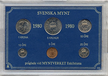 Швеция набор из 6 монет 1980 официальный набор монетного двора, Карл XVI Густав (1973- ) UNC 2-4-1-35
