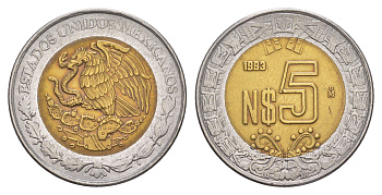 Мексика 5 песо 1993 Mo KM 552 биметалл aUNC 4637-646