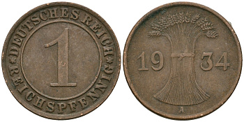 Германия 1 рейхспфенниг 1934 A KM 37, J. 313 бронза 4189-1233