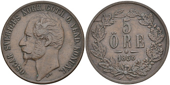 Швеция 5 эре 1858/7 Оскар I (1844-1859) KM 690 бронза 4557-433