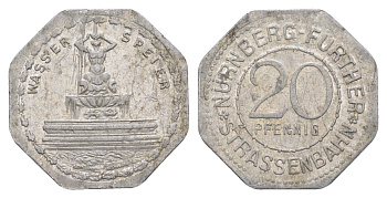 Нюрнберг трамвайный (транспортный) жетон в 20 пфеннигов ND (1920-1921) Фонтан Гаргулья Men05 19256.46, Men18 24102.46 алюминий 4638-352