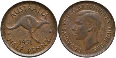 Австралия 1/2 пенни 1951 p, Георг VI (1936-1952), кенгуру, с точкой KM 42 бронза 86-1636