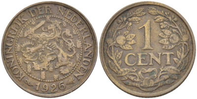 НИДЕРЛАНДЫ 1 ЦЕНТ 1926 ВИЛЬГЕЛЬМИНА I (1891-1948) KM 152 бронза 4532-733