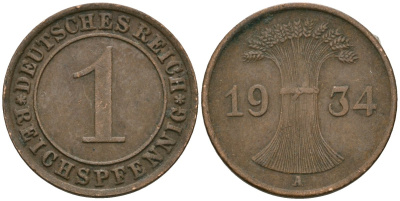 Германия 1 рейхспфенниг 1934 A KM 37, J. 313 бронза 4189-1233
