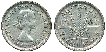 Австралия 3 пенса 1960 m, Елизавета II (1952-2022) KM 57 серебро 71-625