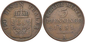 ПРУССИЯ 3 ПФЕННИГА 1851 А, ФРИДРИХ ВИЛЬГЕЛЬМ (1840-1861) KM 453 медь 117-156