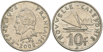 Французская Новая Каледония 10 франков 2008 рыбачья парусная лодка, (IEOM) KM 11a, Schoen 13a, Lec 99k медно-никель 60-734