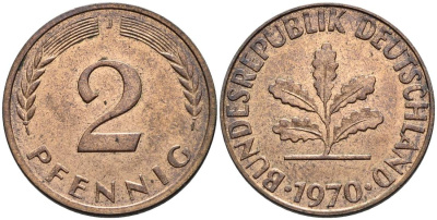ФРГ 2 ПФЕННИГА 1970 J KM 106a, Jager 381a сталь плакированная сталь плакированная медьюю 4546-1012