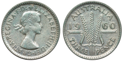 Австралия 3 пенса 1960 m, Елизавета II (1952-2022) KM 57 серебро 71-625