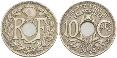 ФРАНЦИЯ 10 САНТИМОВ 1923 tb, ТИП ЛИНДАЙЁ, МОНЕТНЫЙ ДВОР ПУАССИ, МОЛНИЯ KM 866а, LE FRANC 138.9 медно-никель 4402-746