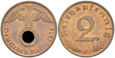 ГЕРМАНИЯ 2 РЕЙХСПФЕННИГА 1938 J КМ 90, J.362 бронза UNC 73-1023