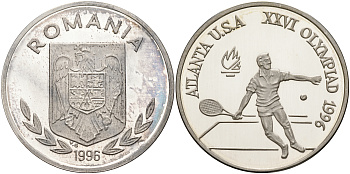Румыния 100 леев 1996 XXVI Олимпийские игры 1996 года в Атланте, 100 лет Олимпийскому движению, большой теннис, пробный выпуск, пифорт KM PnB 315.D1 серебро  PROOF 00-00