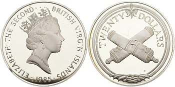 Британские Виргинские острова 20 долларов 1985 перекрестье артиллерийских орудий KM 48 серебро  PROOF  00-00