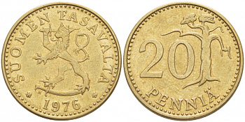 ФИНЛЯНДИЯ 20 ПЕННИ 1976 K KM 47 алюминиевая бронза 3718-1256