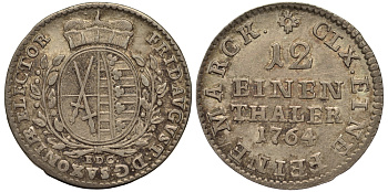 Саксония, Альбертинская линия 1/12 талера 1764 E.D.C. Фридрих Август III (1763-1806), из коллекции Gerhart Rother KM 956 (C 100), Buck 103, Slg. Merseburger 2009 серебро 413-6344