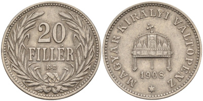 Венгрия 20 филлеров 1908 KB, Франц Иосиф I (1848-1916), редкий год KM 483 железо 4141-412
