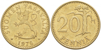 ФИНЛЯНДИЯ 20 ПЕННИ 1976 K KM 47 алюминиевая бронза 3718-1256
