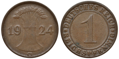 Германия 1 рейхспфенниг 1924 G KM 37, J. 313 бронза 4124-112