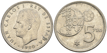 Испания 5 песет 1982 (80), Хуан Карлос I (1975-2014), чемпионат мира по футболу, Испания 1982 KM 817 медно-никель 85-753