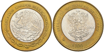 Мексика 100 песо 2004 180 лет Федерации - Мичоакан KM 804 биметалл, серебро BU 00-1067-8-32