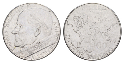 Ватикан 100 лир 1985 MCMLXXXV, Иоанн Павел II KM 188 нержавеющая сталь aUNC 4648-143