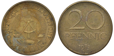 ГДР 20 пфеннигов 1983 A KM 11 латунь 62-1116