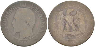 ФРАНЦИЯ 5 САНТИМОВ 1854 W, НАПОЛЕОН III (1852-1870) KM 777.7, LE FRANC 116.15 бронза 217-155
