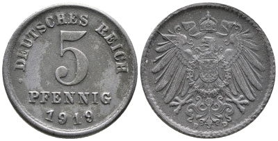 ГЕРМАНИЯ 5 ПФЕННИГОВ 1919 D KM 19, J. 297 железо 39-259