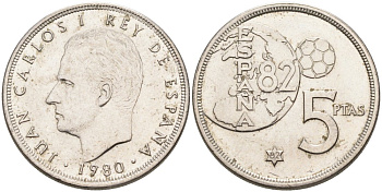 Испания 5 песет 1980 (82) чемпионат мира по футболу в Испании KM 817 медно-никель 4573-936